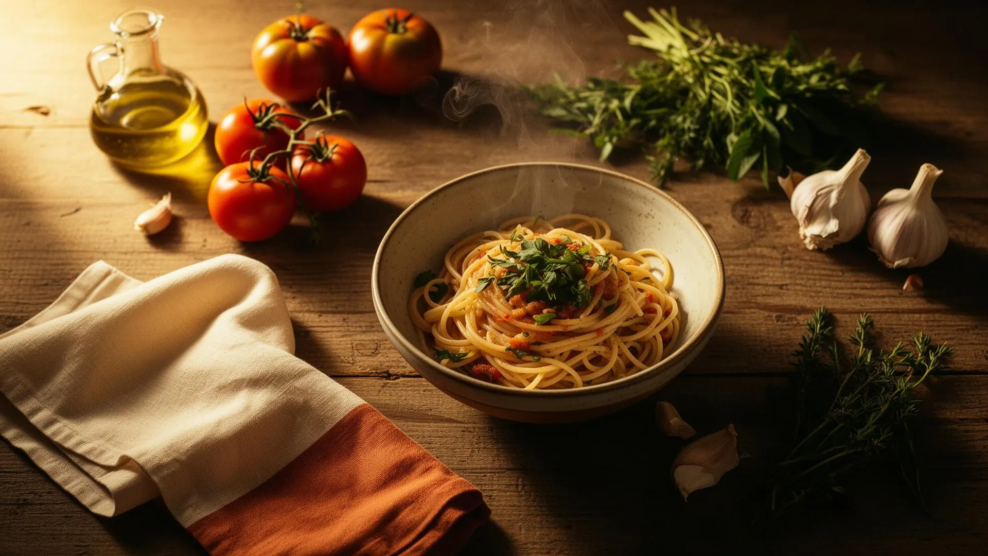 Home cooking inspiration: steaming bowl of pasta with tomatoes, garlic and fresh herbs on a rustic wooden table — three ways to cook any dish
